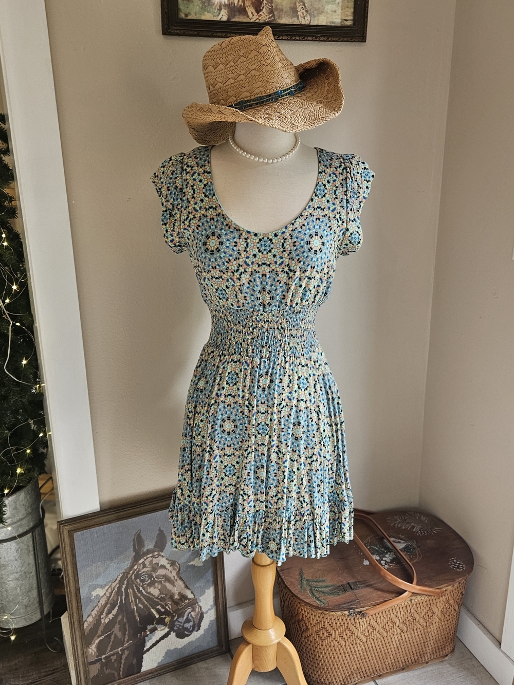 American Rag Blue Floral Smocked Waist Scoop Dress